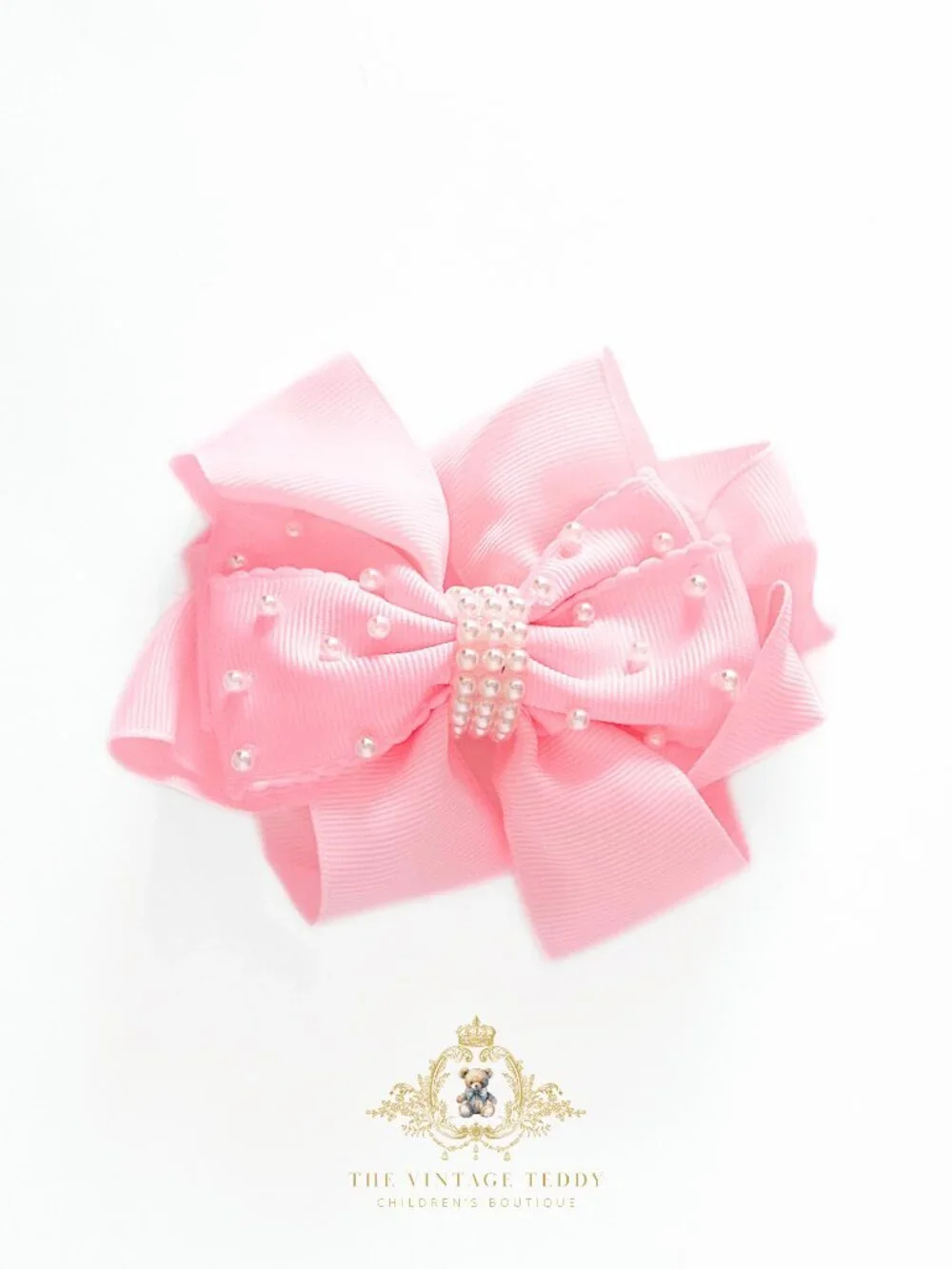 NWT Pretty Girls Hair Bow Grosgrain Ribbon Bubble Gum Pink with Pearls 5” Inch